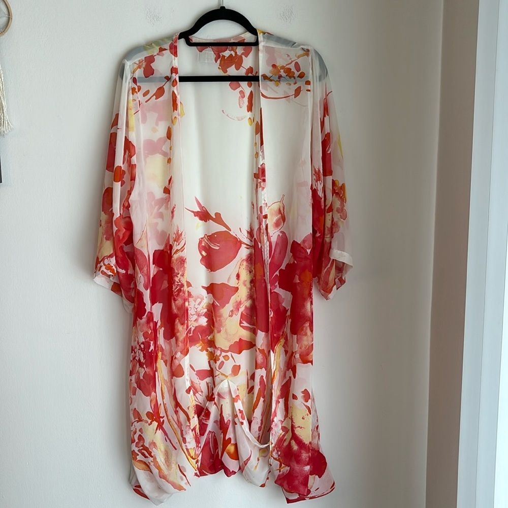 Sak Saum Women’s Sheer floral water color artsy long robe beach cover up L/XL!